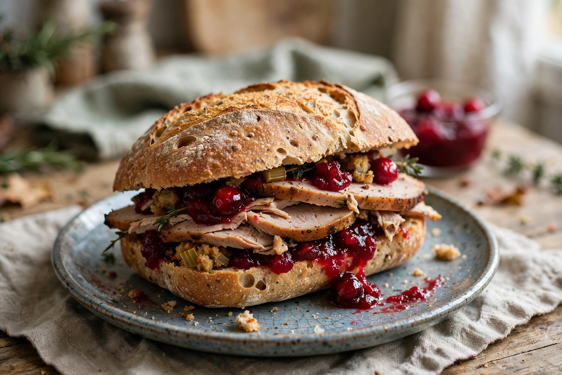 Leftover turkey sandwich with cranberry sauce on rustic bread