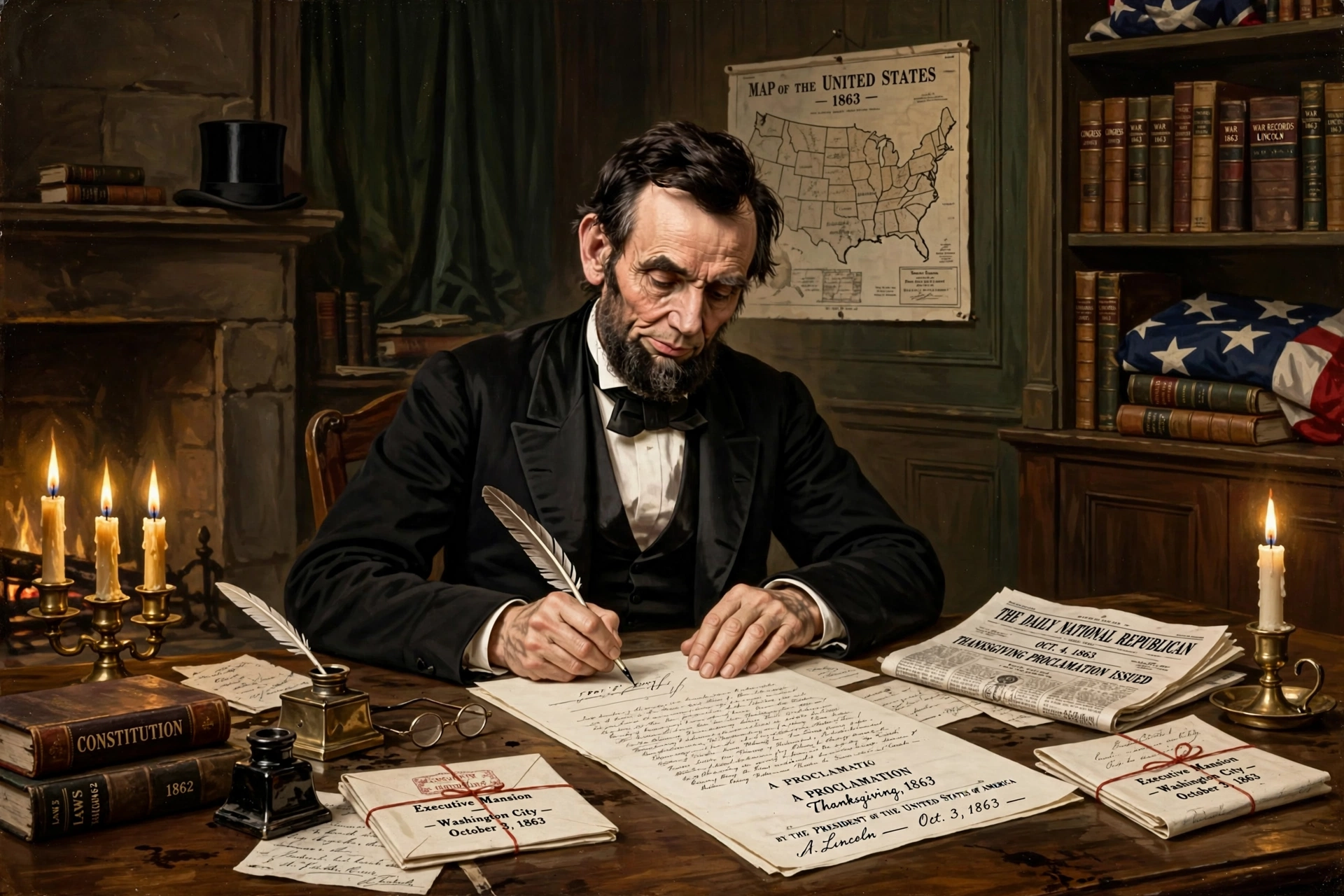 Lincoln signing the 1863 Thanksgiving proclamation Historical illustration of Abraham Lincoln signing the 1863 Thanksgiving proclamation