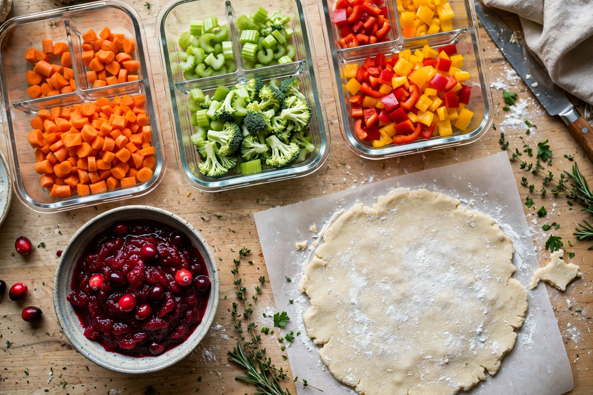 Meal prep containers with chopped vegetables and cranberry sauce on a kitchen counter