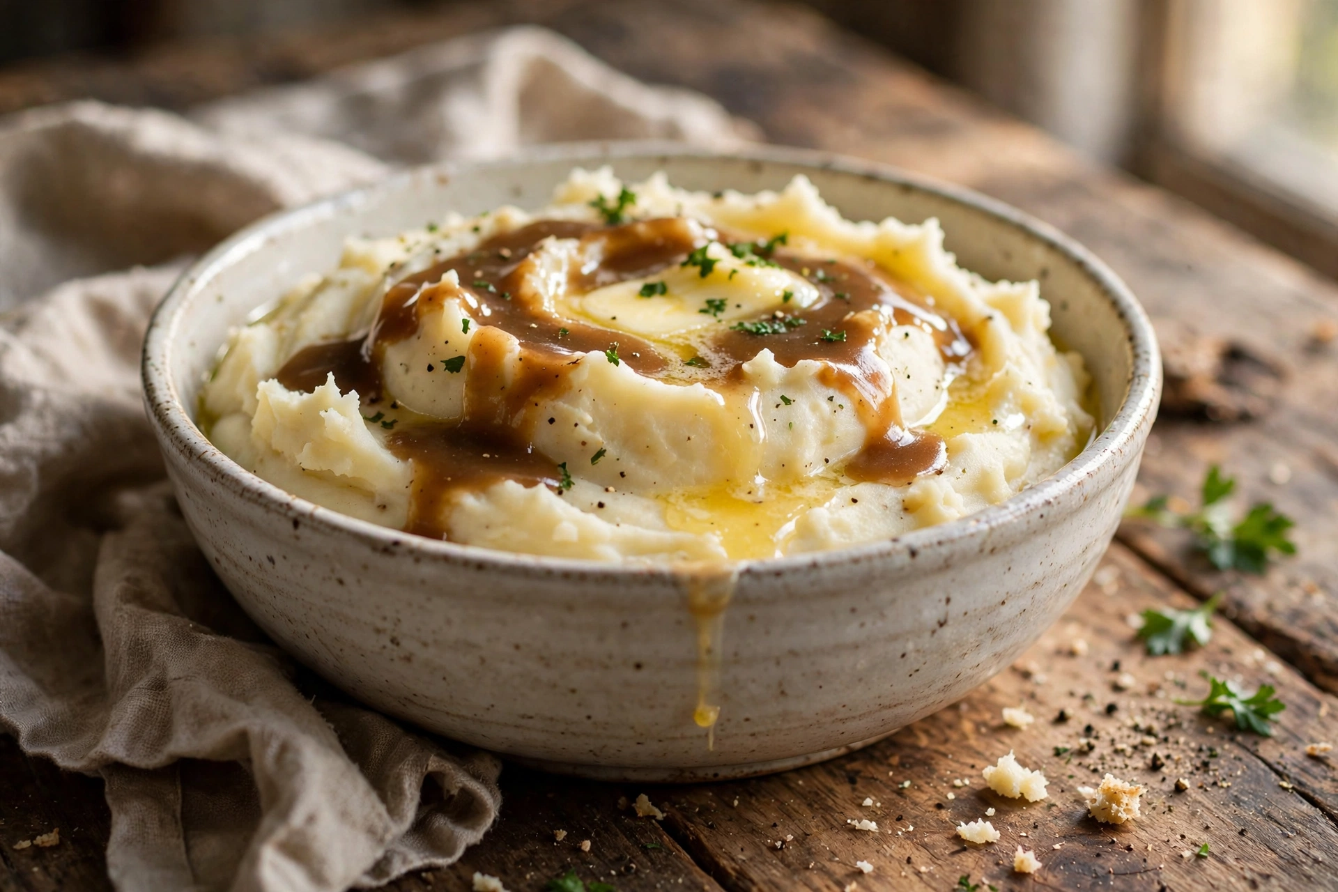 Mashed potatoes Creamy mashed potatoes in a serving bowl with butter