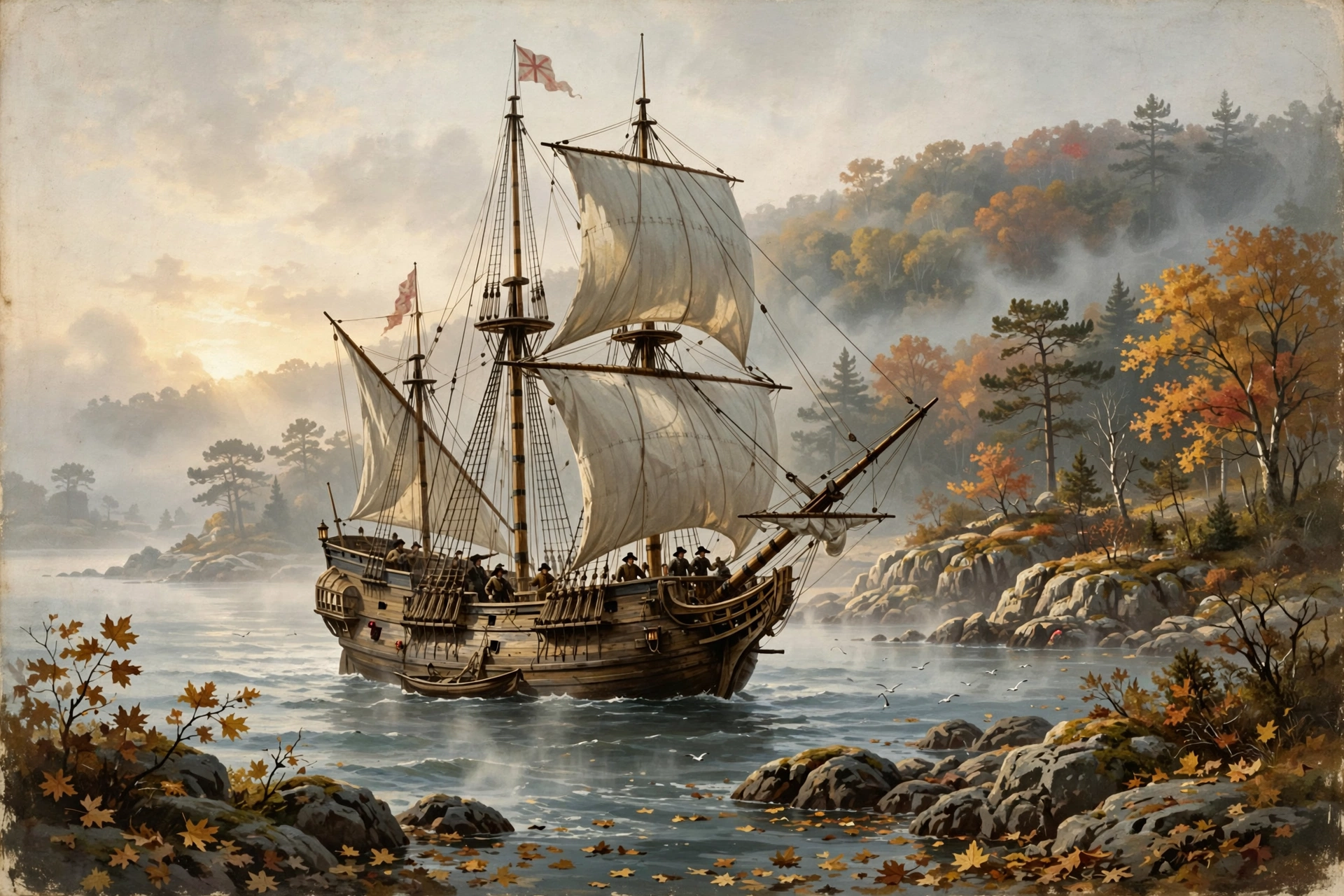 The Mayflower arriving at Plymouth in 1620 Historical illustration of the Mayflower ship arriving at the New England coast in 1620