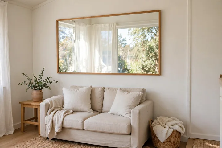 Large mirror on the wall of a small living room reflecting window light