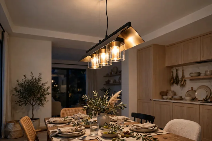 Modern ceiling light fixture glowing warmly in a renovated room