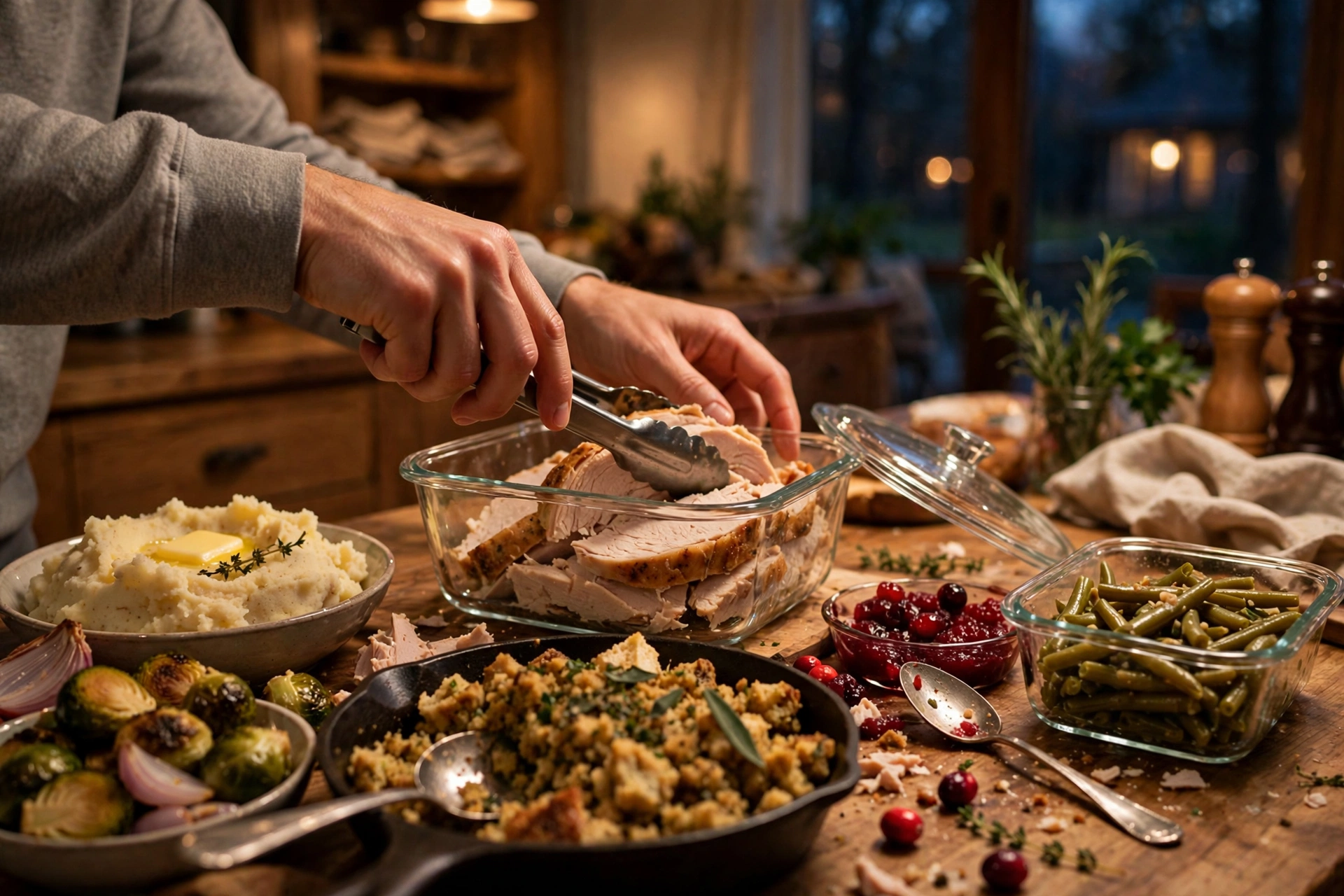Packing Thanksgiving leftovers Hands packing turkey and sides into shallow food storage containers