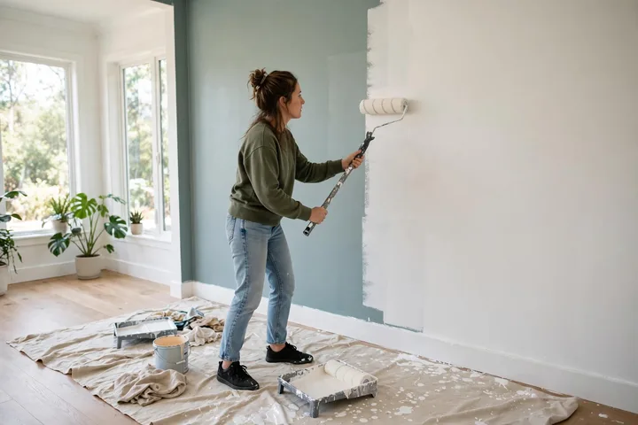 Person painting an interior wall with a roller in a bright room