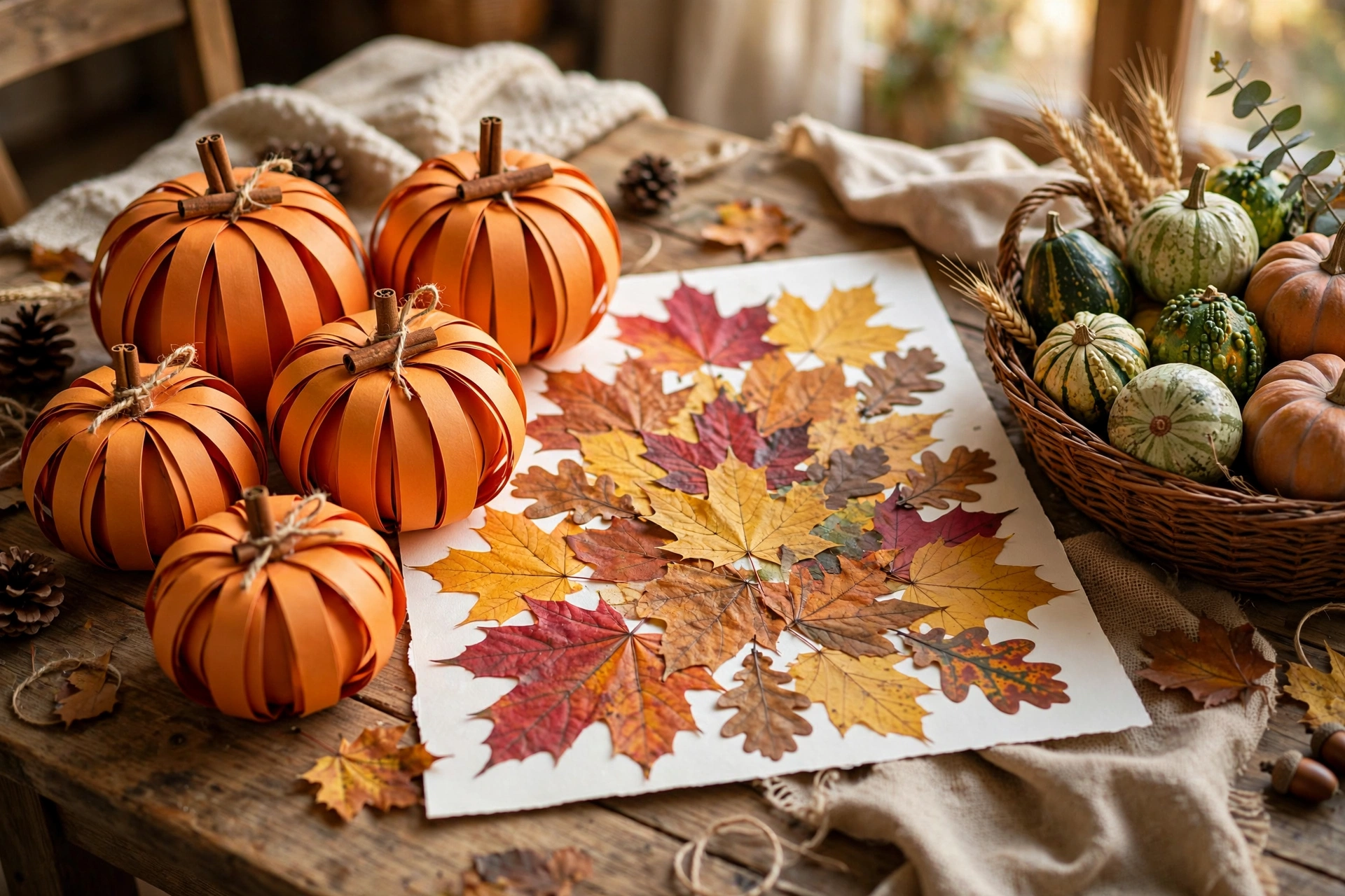 Paper pumpkins and fall leaf art displayed on a rustic table