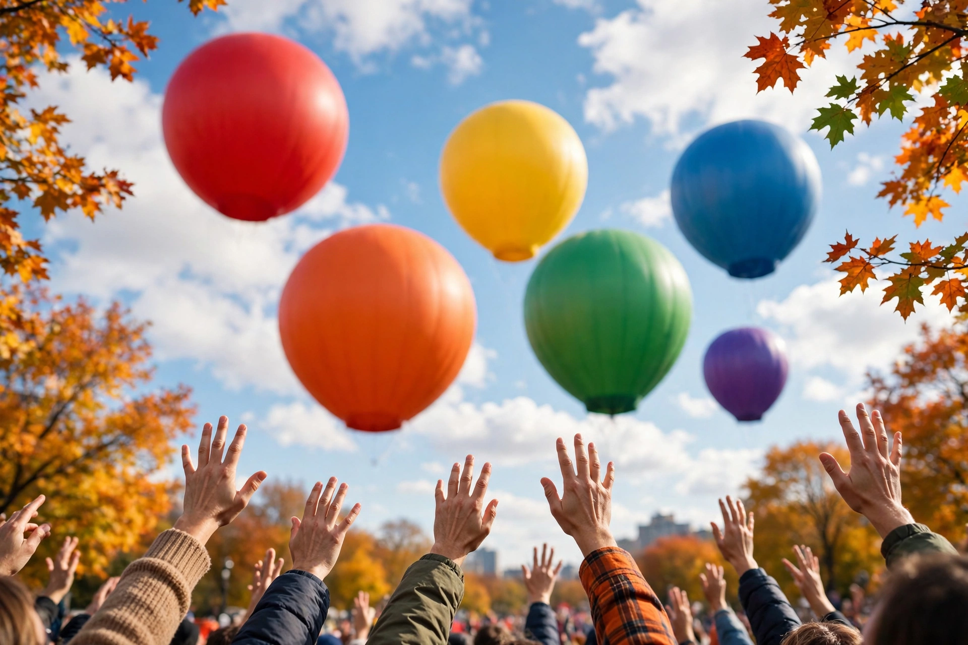 Colorful parade balloons floating in a blue autumn sky above a holiday crowd