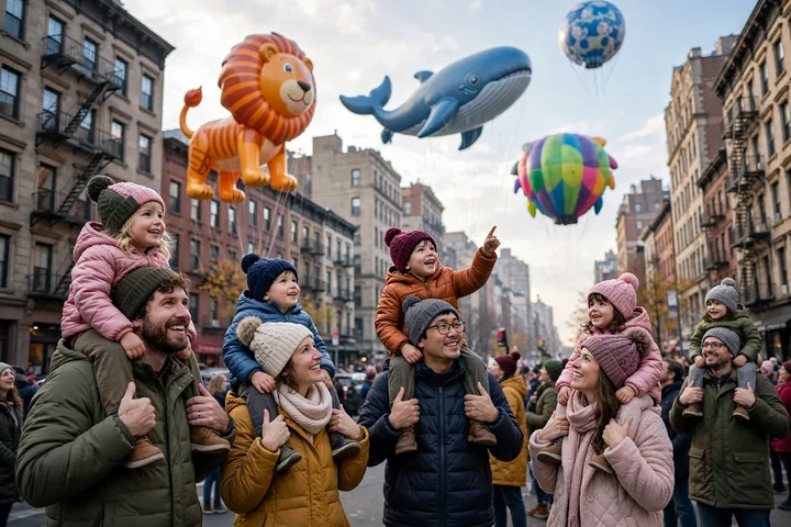Families watching giant balloons at the Macy's Thanksgiving Day Parade 2026