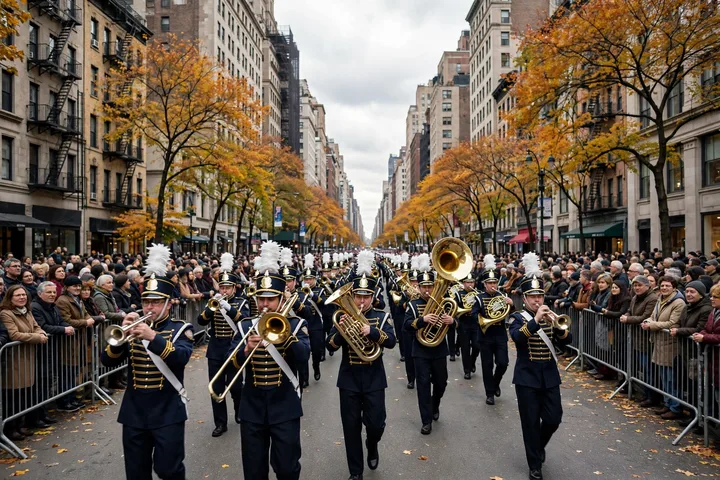 Marching band performing along the Macy's Thanksgiving Day Parade 2026 route