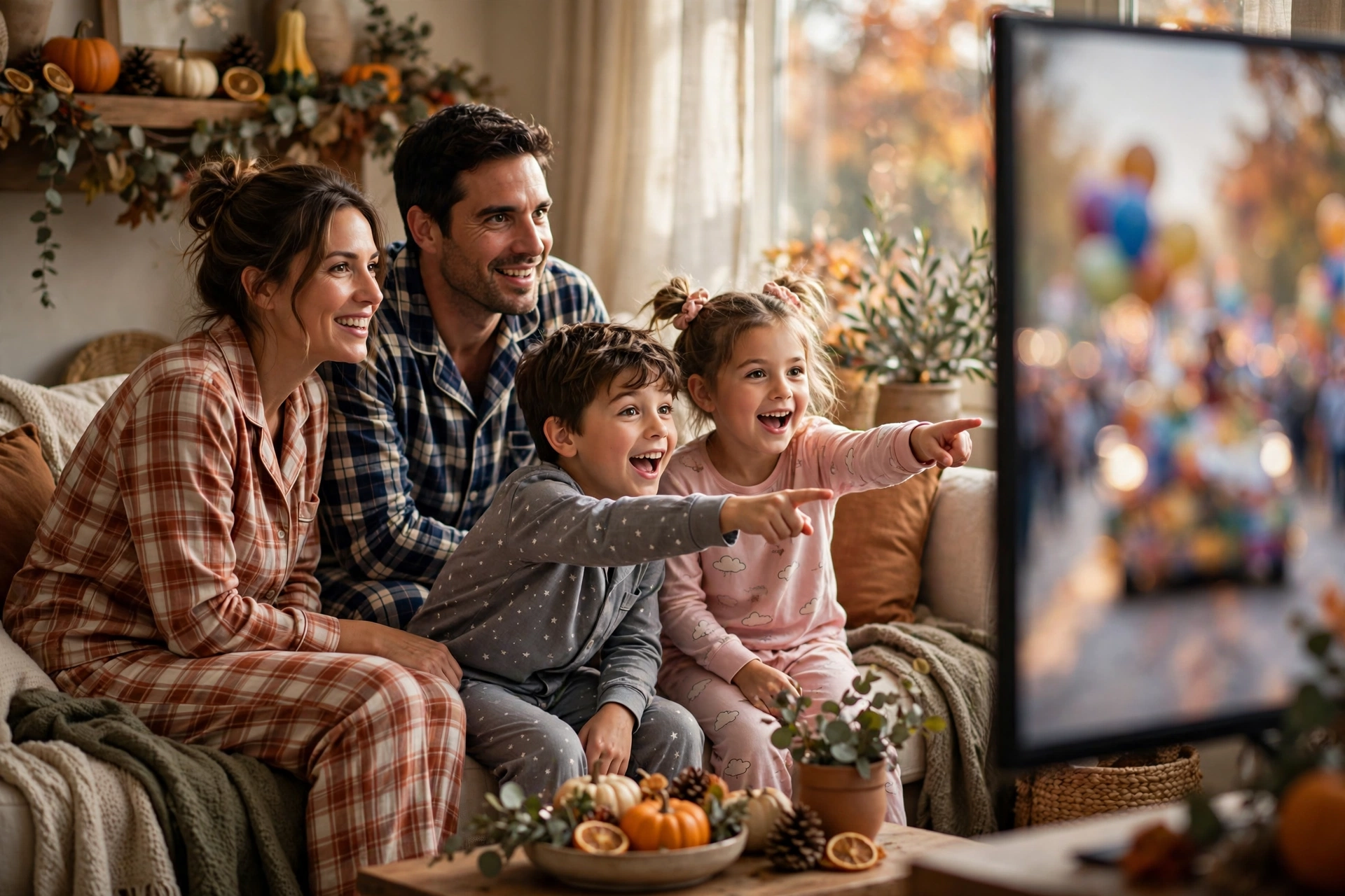 Thanksgiving traditions: family in pajamas watching the morning parade on TV in a cozy living room