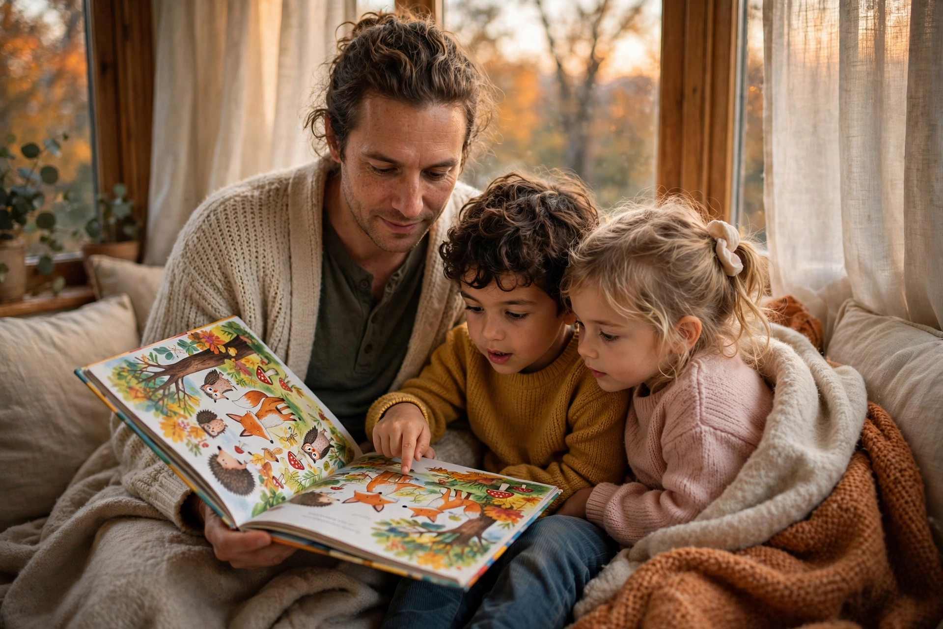 Parent reading a colorful Thanksgiving picture book to two children snuggled together on a window seat