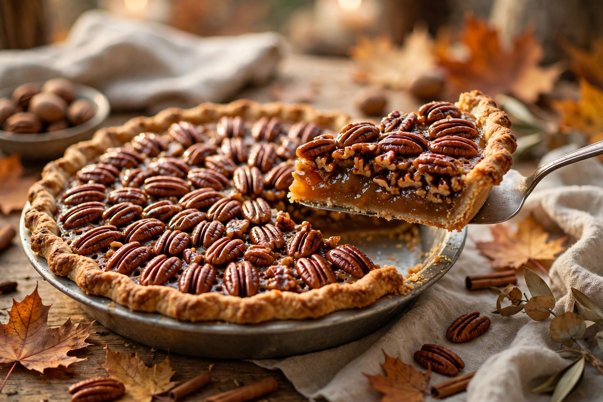 Pecan pie with glossy caramel filling and toasted pecans