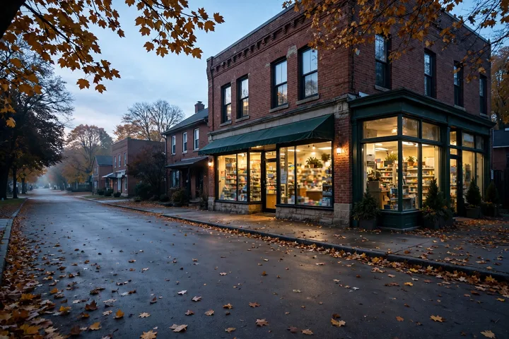 Pharmacy storefront open at dawn on Thanksgiving Day 2026