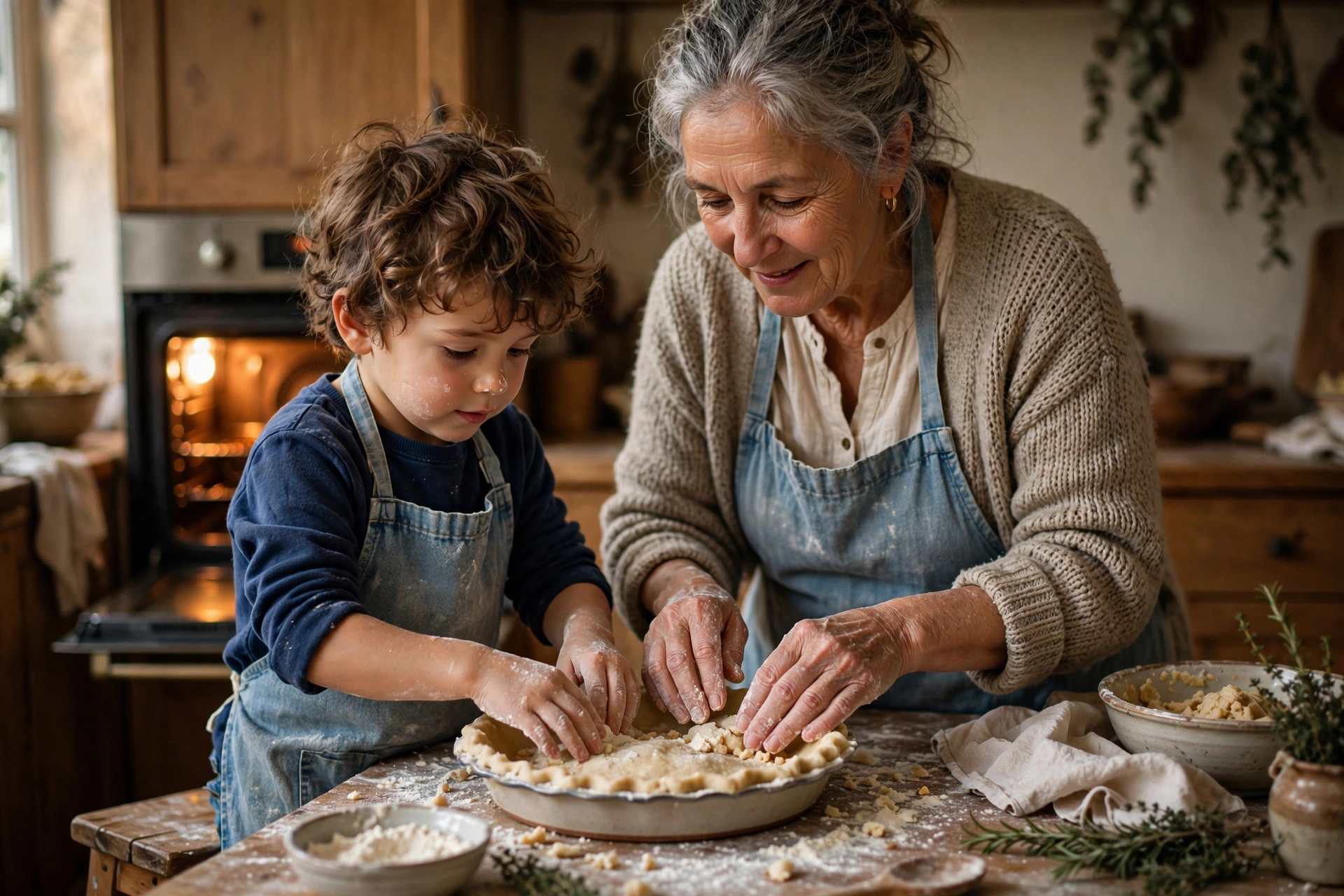 Thanksgiving traditions: grandmother and grandchild baking a pie together in a cozy kitchen