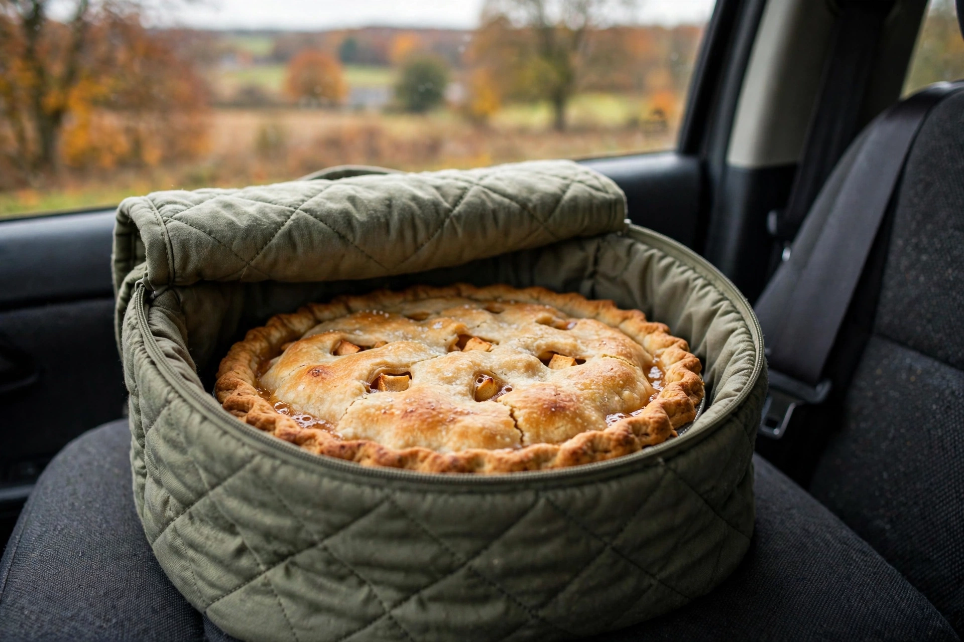 Guest's pie arriving safely in a quilted carrier for Thanksgiving dinner