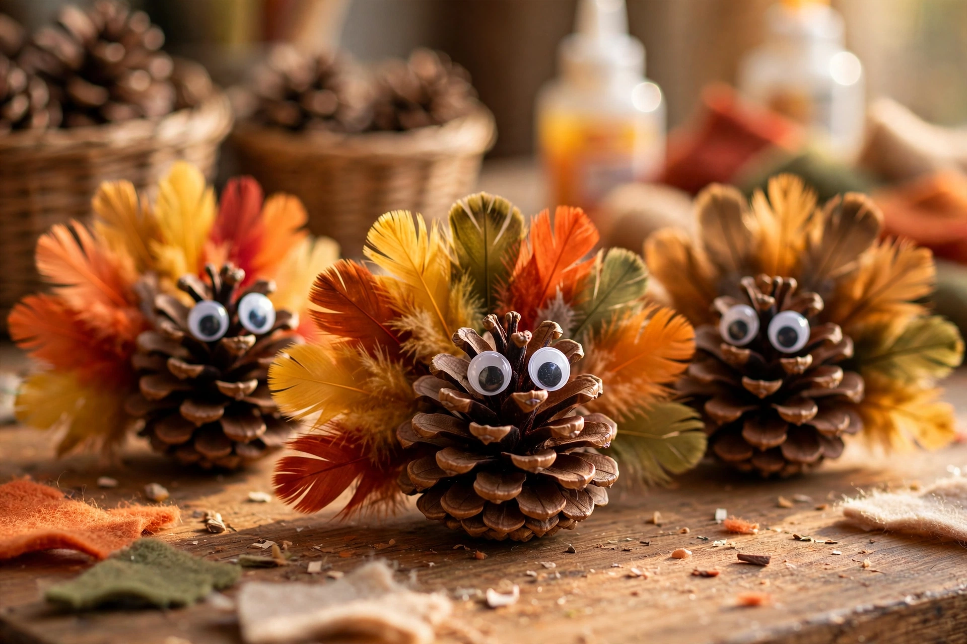 Finished pinecone turkey crafts with googly eyes and colorful feathers on a craft table