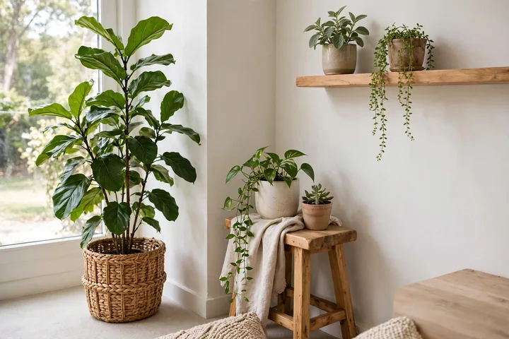 Indoor plants styled in a bright living room corner with a floor plant and shelf plants