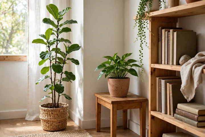 Indoor plants at different heights decorating a small living room corner