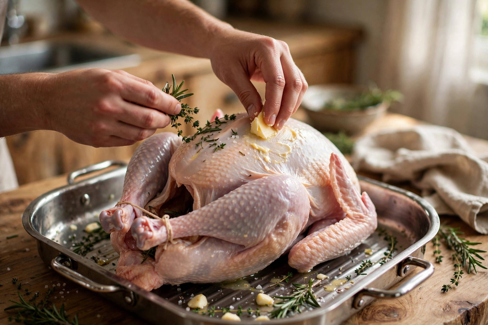 Prepping the turkey Hands seasoning a raw turkey with herbs and butter before roasting