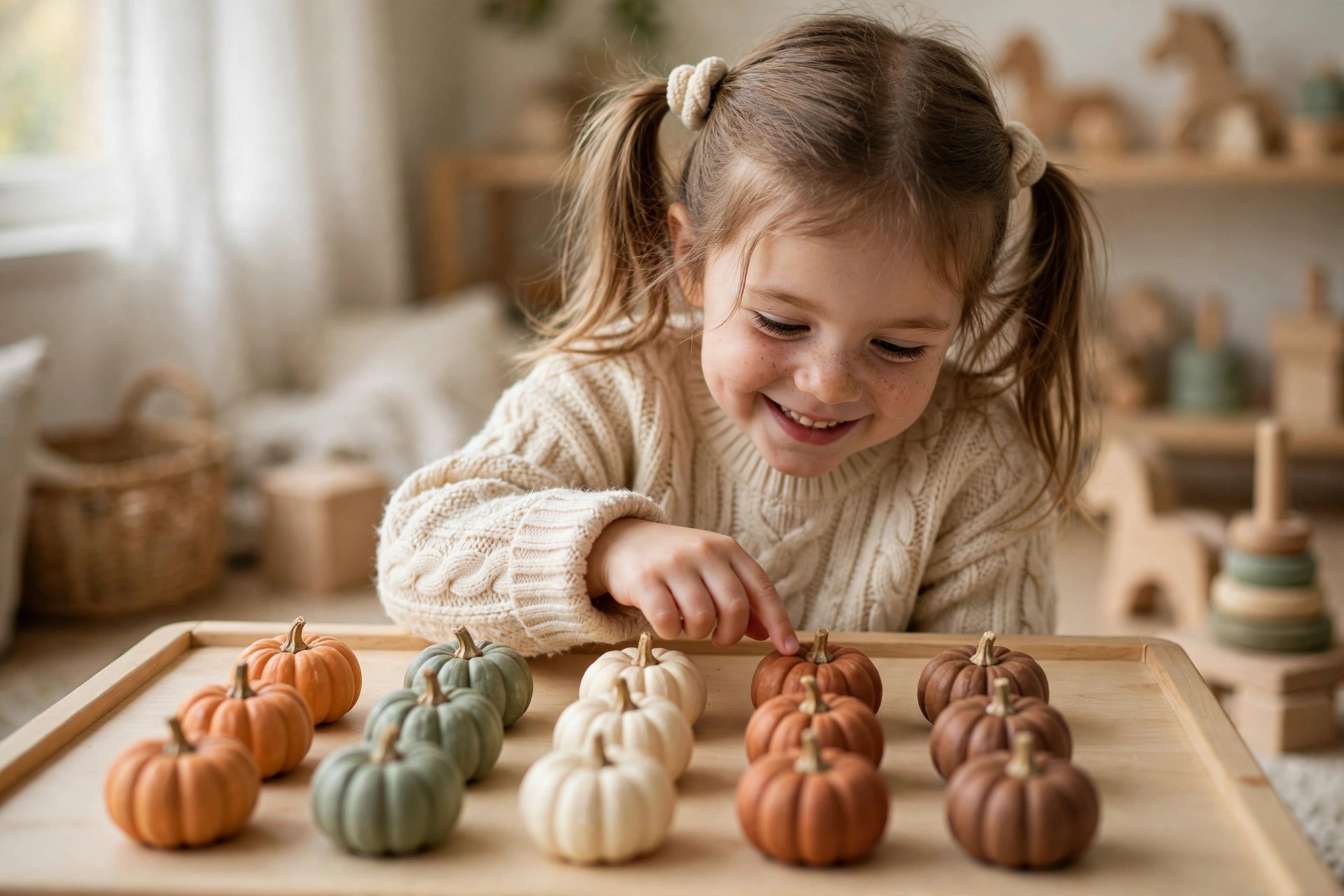 Smiling preschooler girl counting rows of colorful mini pumpkins during a Thanksgiving counting game