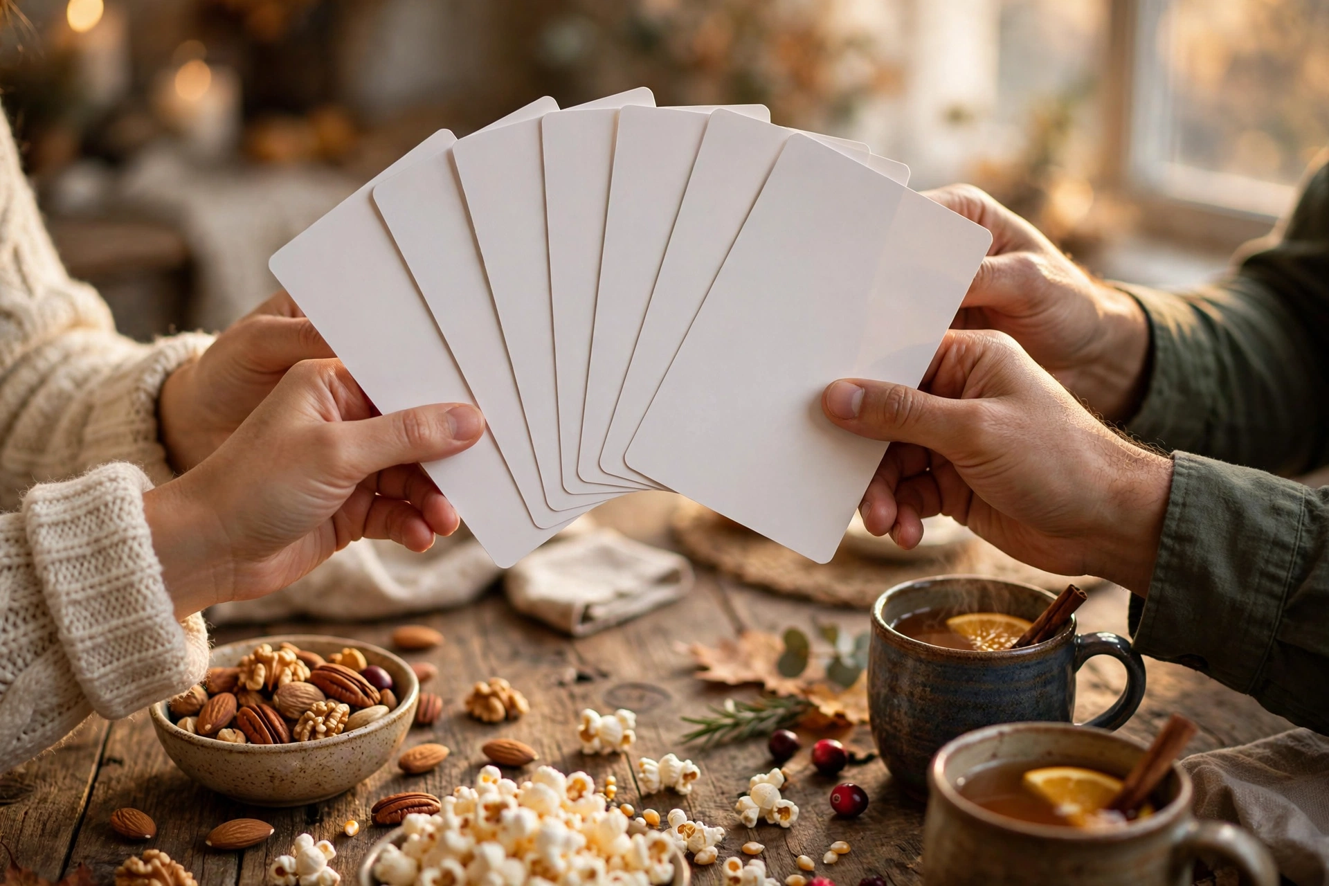 Close-up of hands holding blank quiz cards over a snack-filled table during a trivia game night