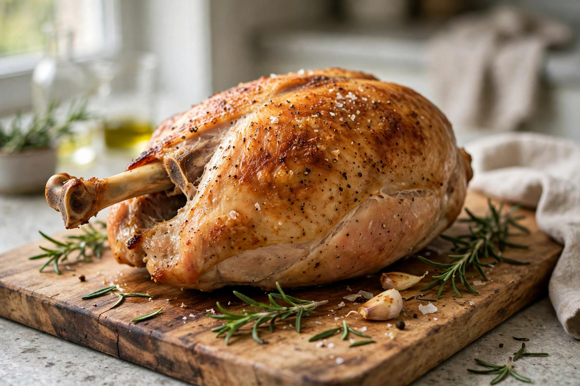 Roasted turkey breast for a small Thanksgiving Roasted bone-in turkey breast with rosemary on a cutting board
