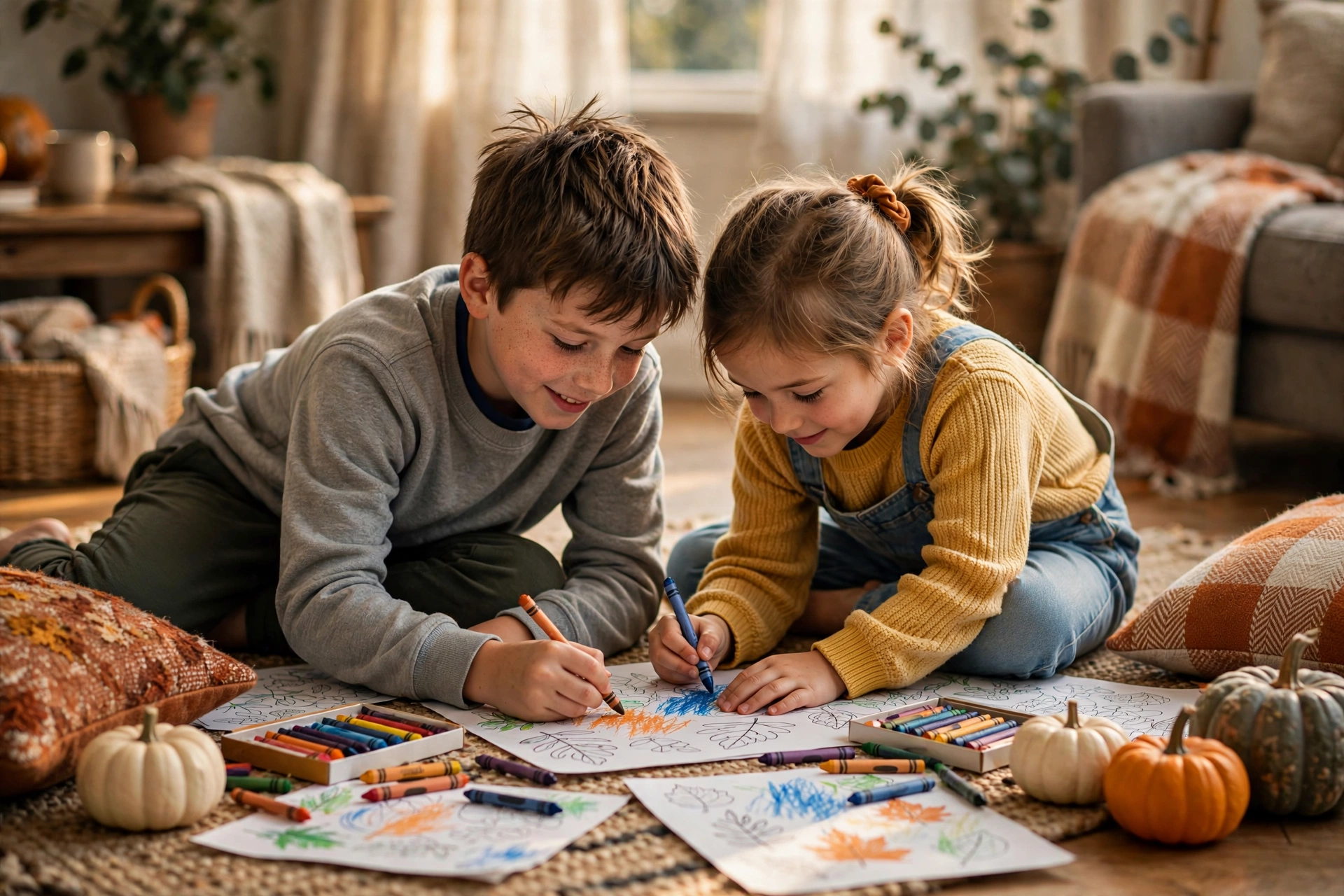 Two siblings coloring Thanksgiving pages together on the living room floor