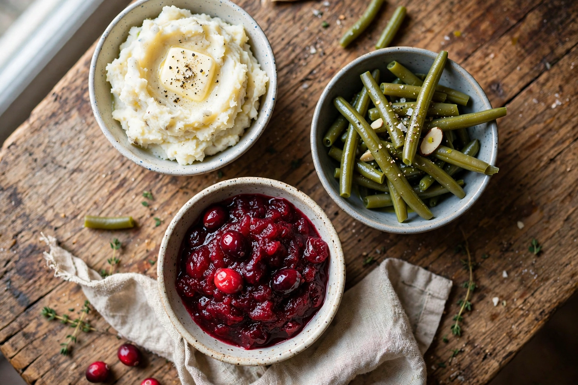 Small-batch Thanksgiving side dishes Small-batch Thanksgiving side dishes in modest portions on a wooden table