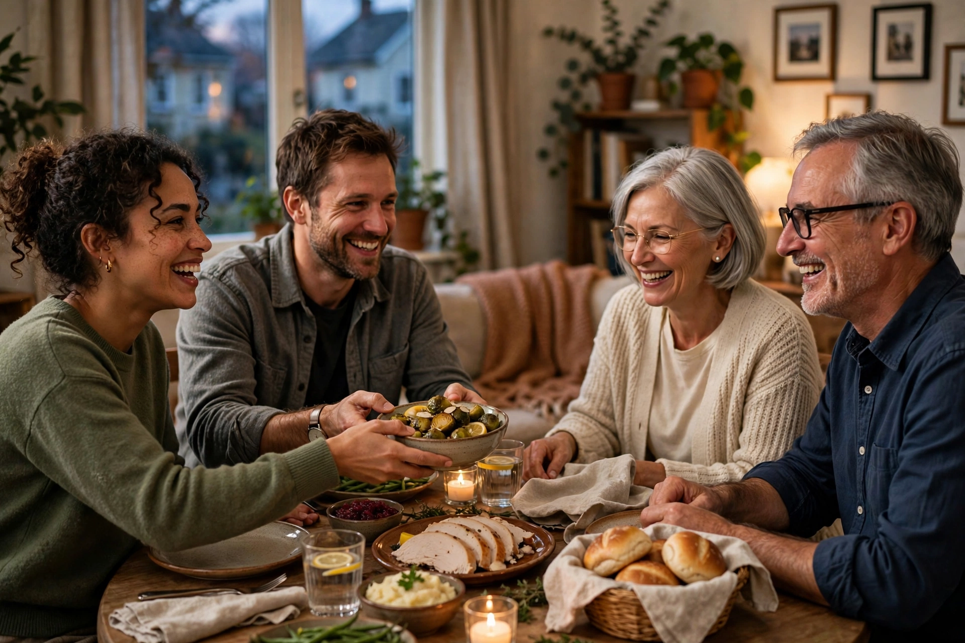 Small Thanksgiving gathering Four people sharing a small Thanksgiving dinner around a modest table