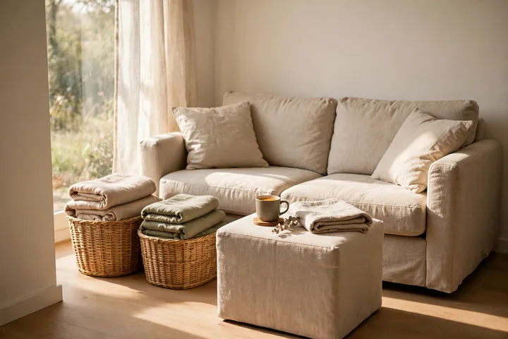 Storage ottoman and baskets keeping a small living room tidy