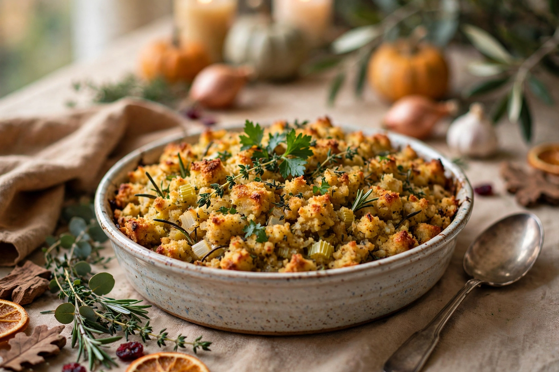 Thanksgiving stuffing Sausage and herb stuffing in a baking dish
