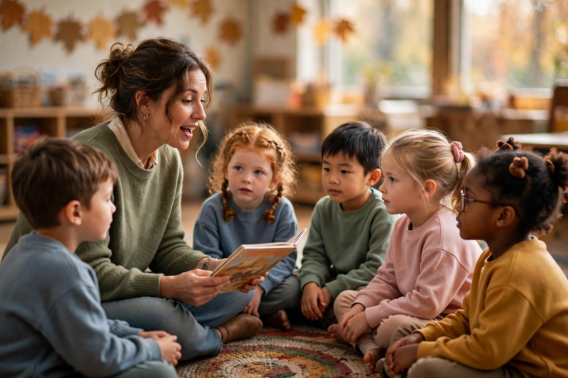Teacher reading aloud to students during thanksgiving classroom activities on the classroom rug