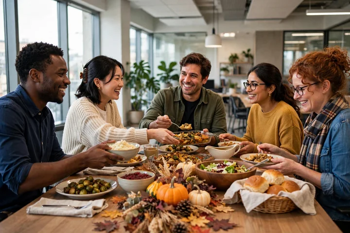 Thanksgiving office party ideas for a team potluck lunch shared around the conference table