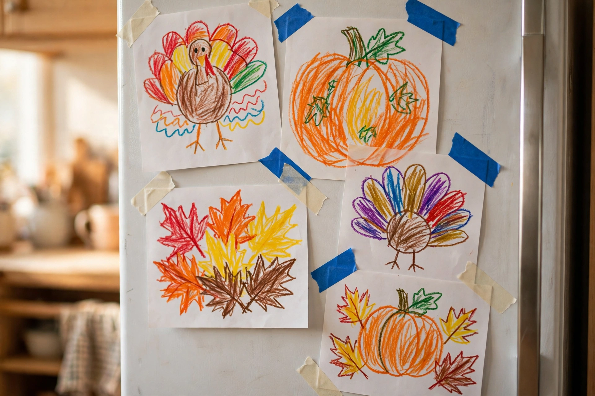 Finished colorful Thanksgiving drawings taped to a refrigerator door