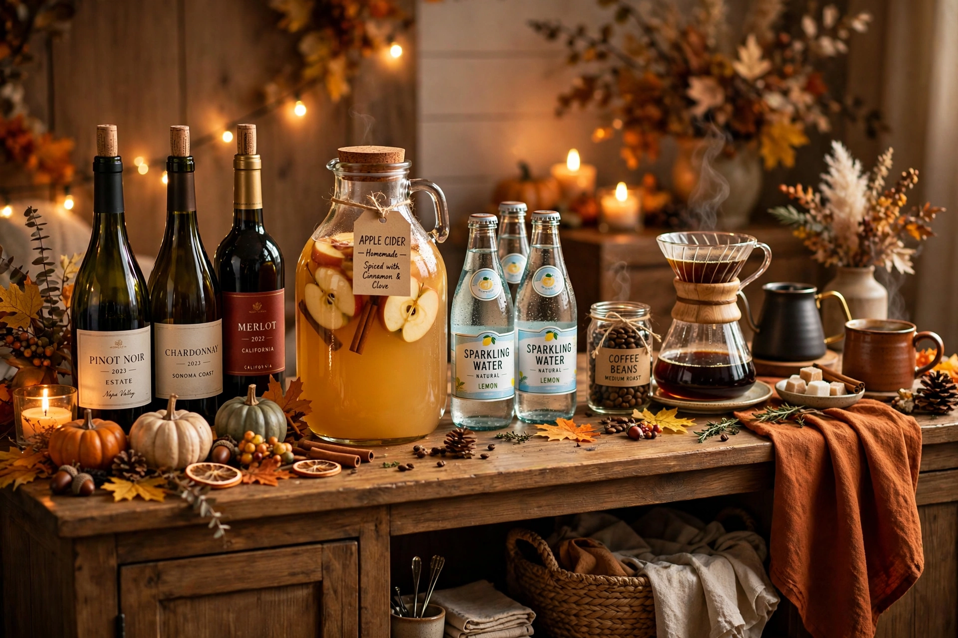 Thanksgiving beverage station with wine, apple cider and coffee on decorated sideboard