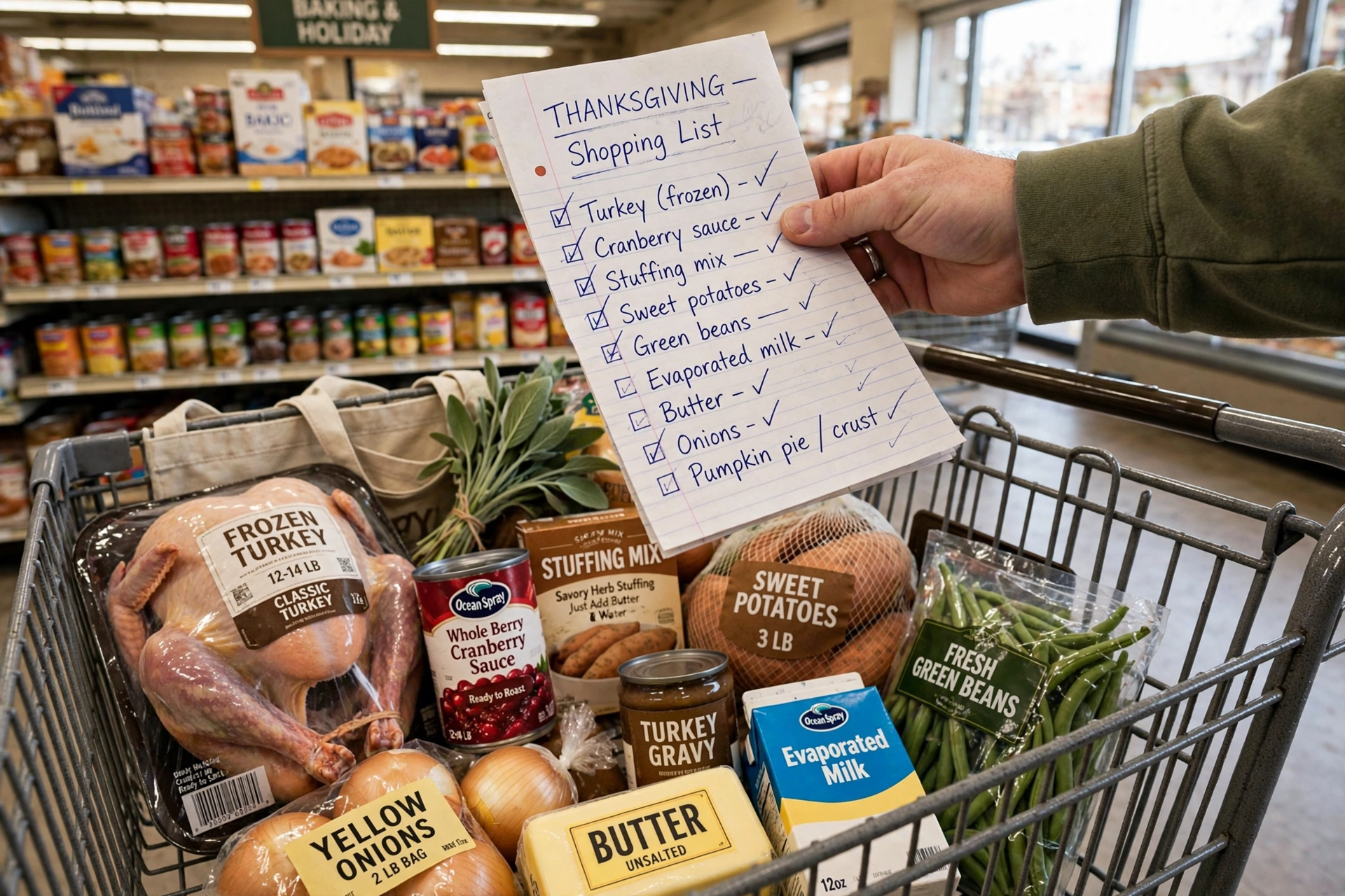 Shopping cart with Thanksgiving groceries and a handwritten shopping list