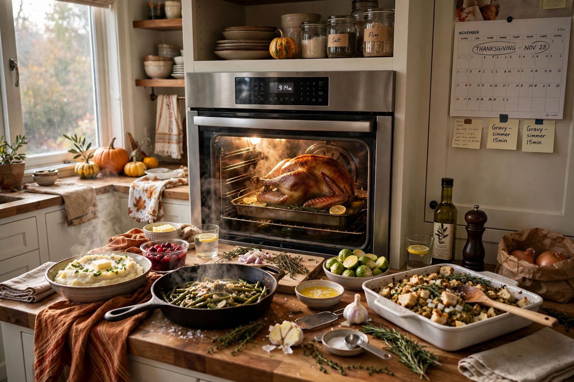 Thanksgiving morning kitchen with turkey roasting in the oven and sides being prepared