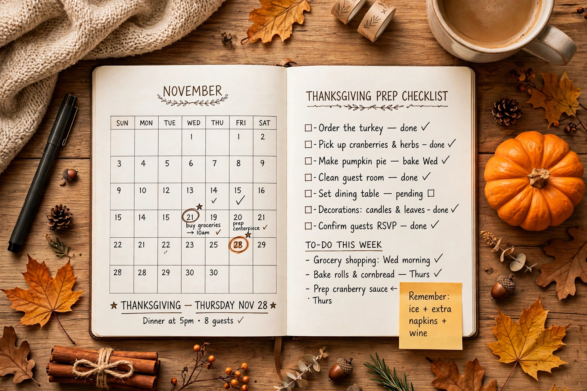 Plan your Thanksgiving with a countdown checklist Thanksgiving preparation planner with November calendar, notes and autumn decorations