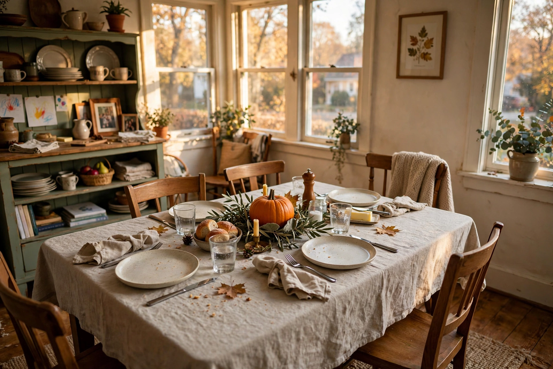Family dining room set for Thanksgiving dinner with simple autumn table setting
