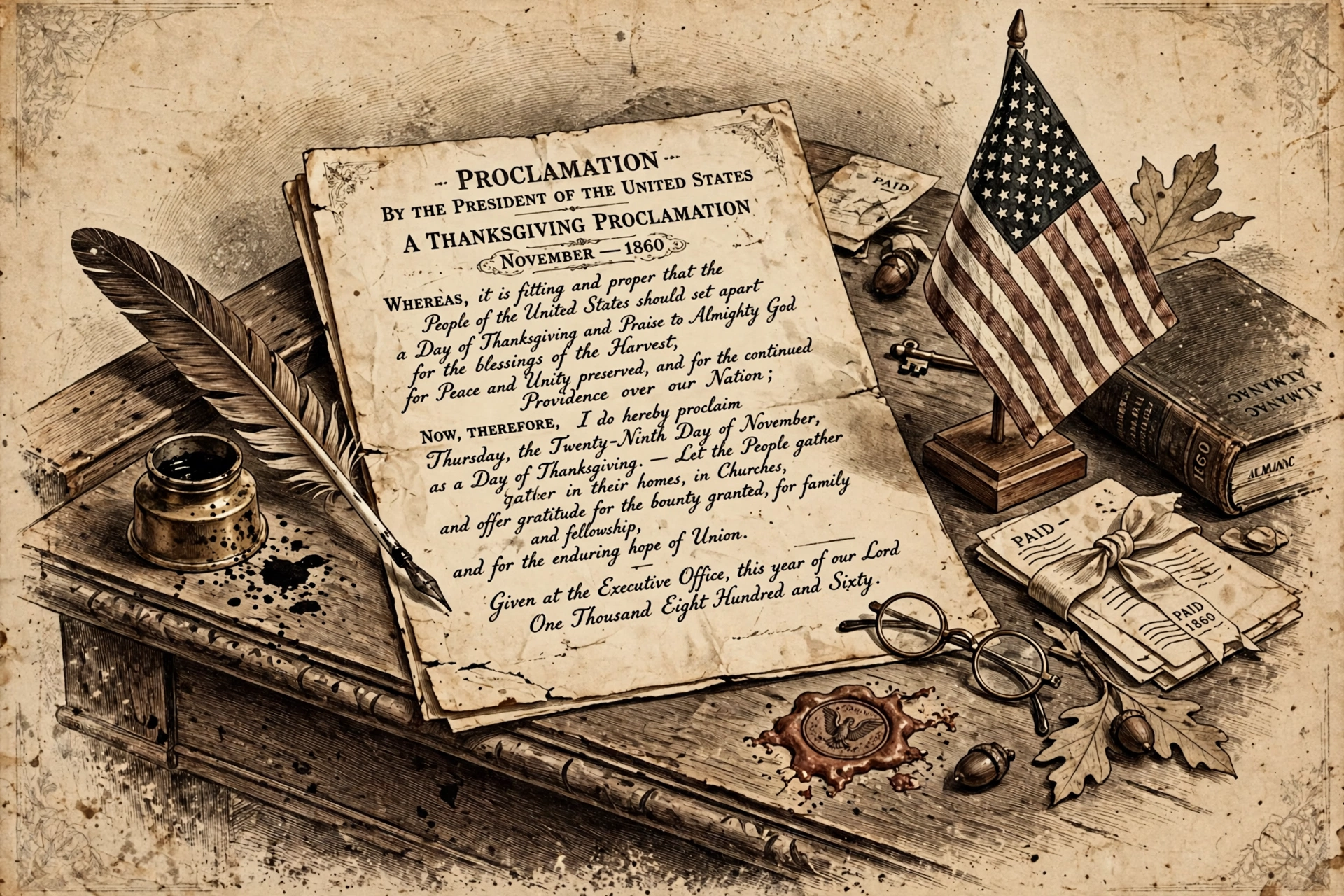 Lincoln's 1863 proclamation made Thanksgiving a national holiday Vintage illustration of an 1860s Thanksgiving proclamation with quill pen and parchment