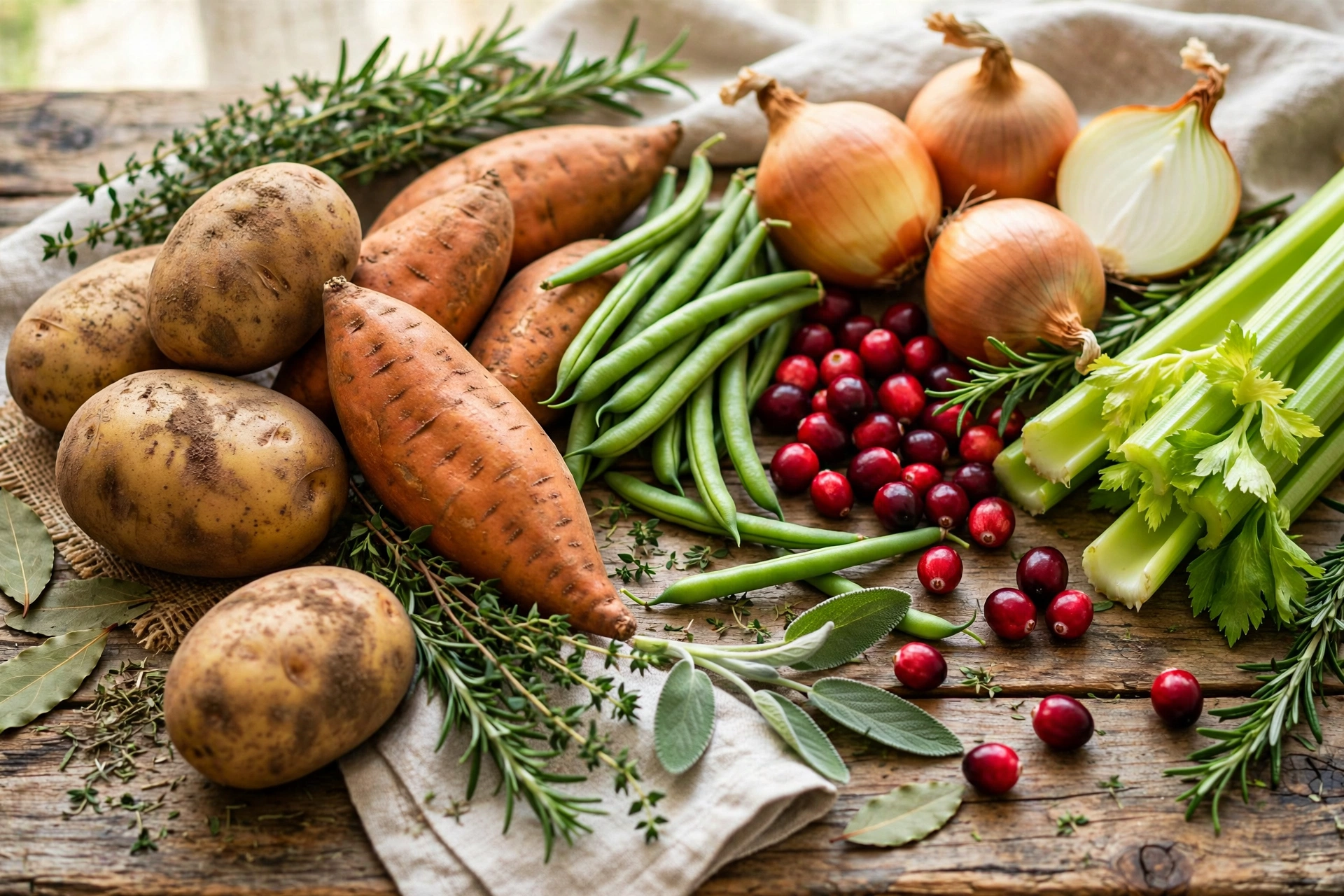 Fresh Thanksgiving produce: potatoes, green beans, cranberries, herbs on rustic table