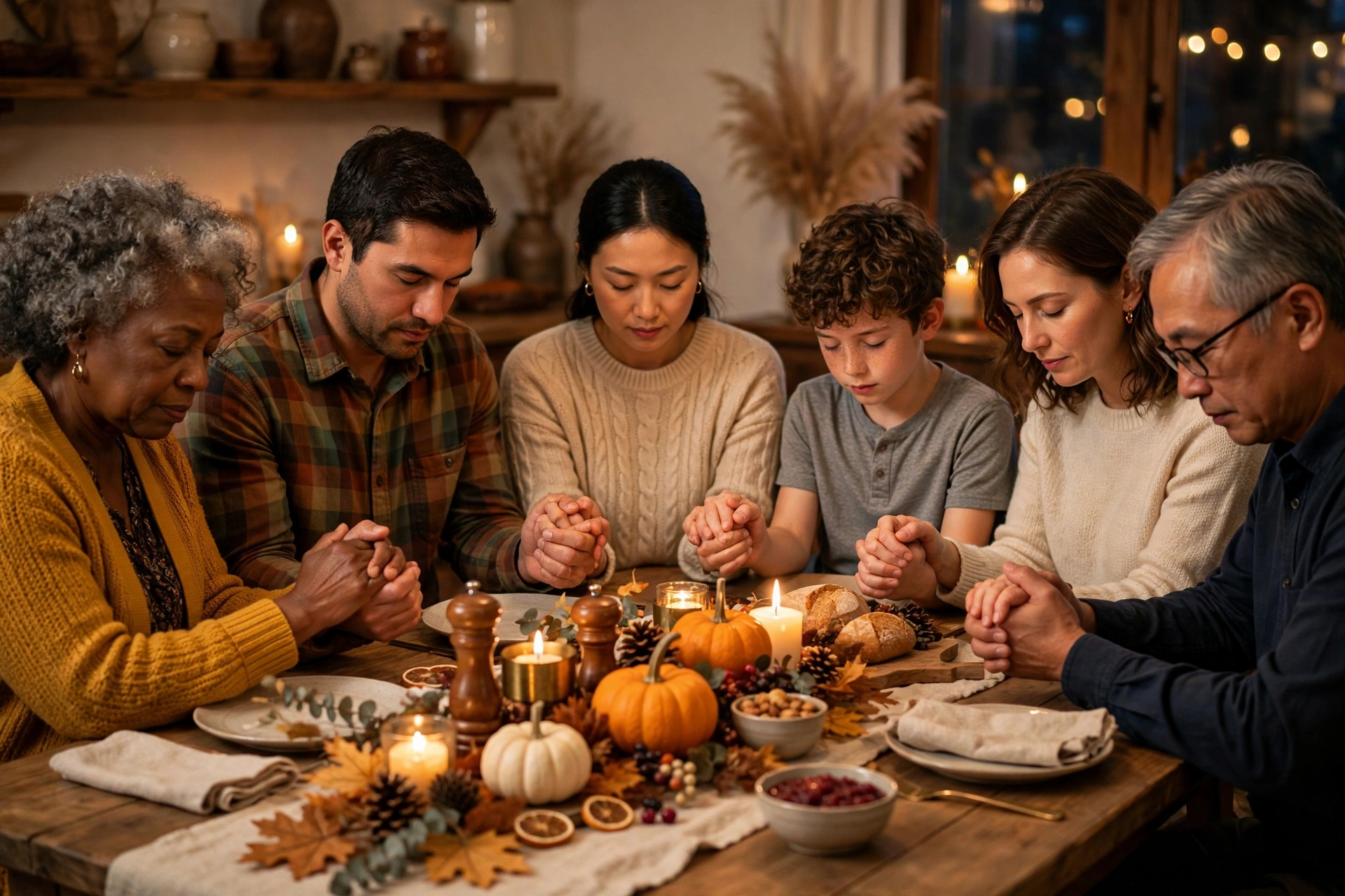 Family members holding hands around a Thanksgiving table in a moment of gratitude