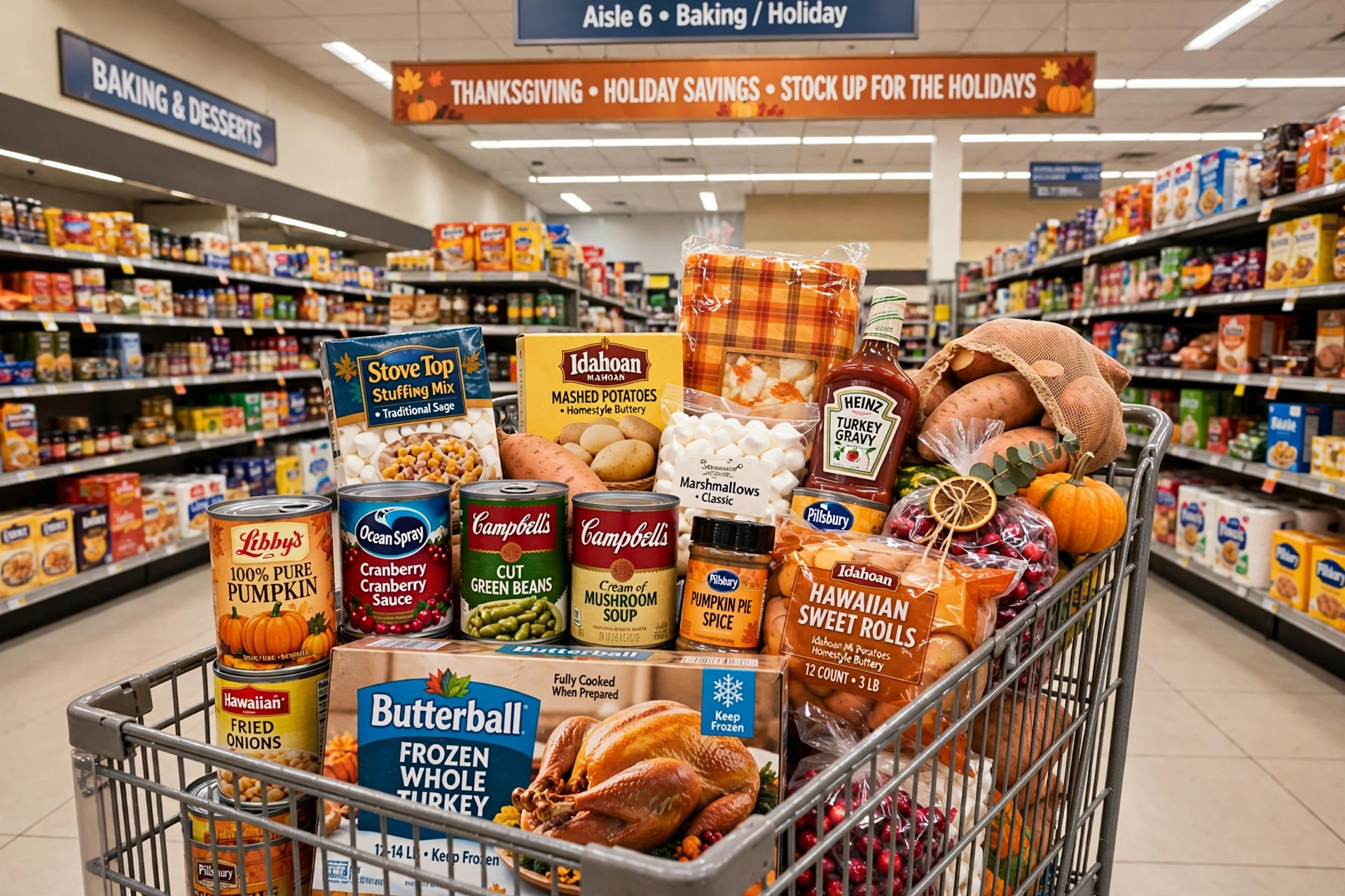 Thanksgiving grocery cart filled with turkey, canned goods and holiday items in supermarket