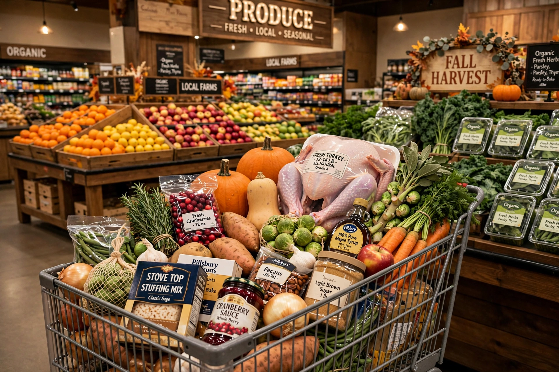 Thanksgiving grocery shopping and preparation Organized Thanksgiving kitchen preparation with checklist, clipboard and fresh ingredients