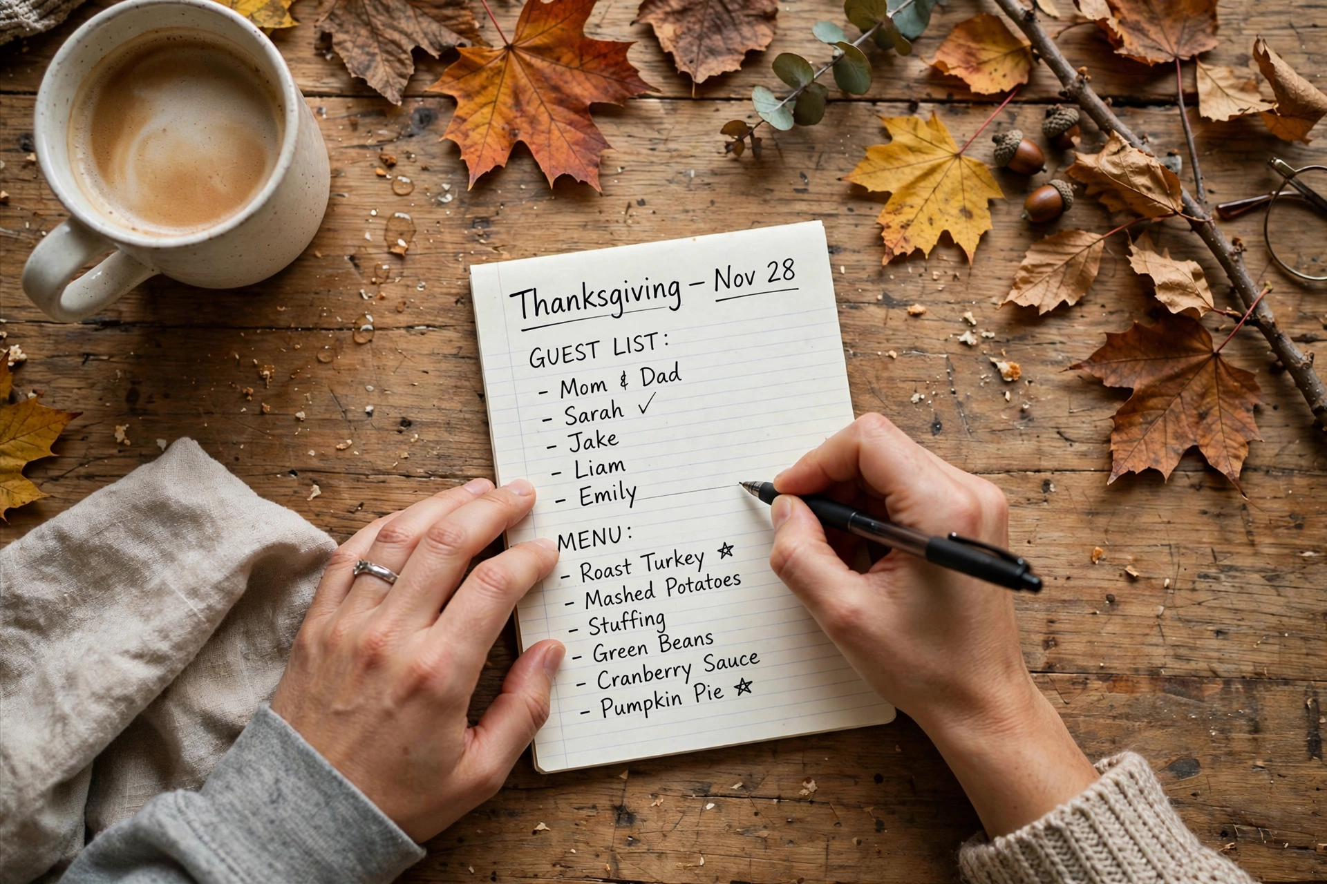 Hands writing a Thanksgiving guest list and menu on a notepad at a kitchen table
