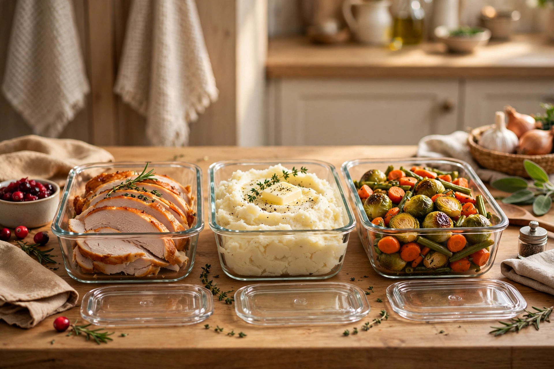 Thanksgiving leftovers packed in storage containers Thanksgiving leftovers packed in glass storage containers on kitchen counter