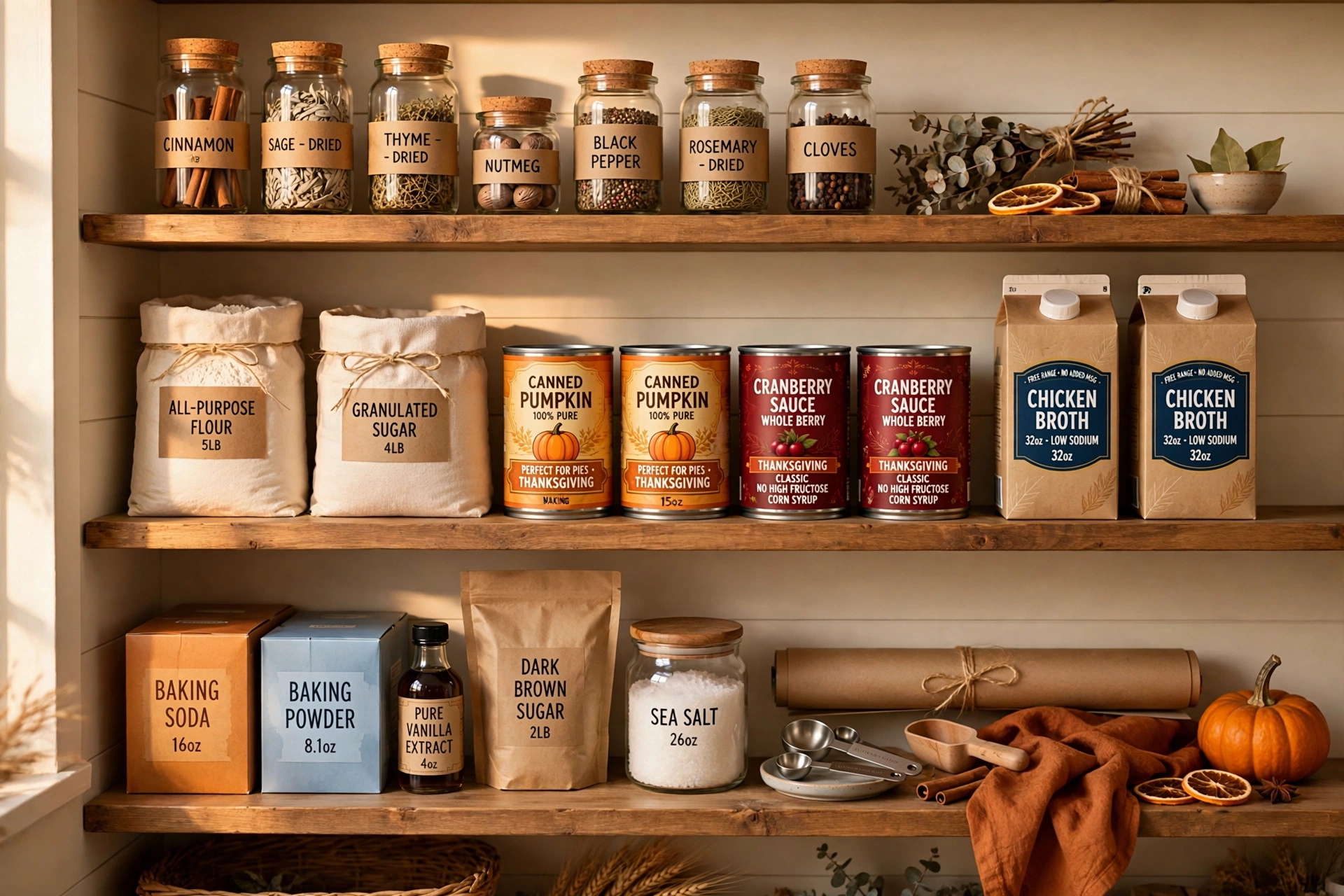 Thanksgiving pantry staples: flour, canned pumpkin, broth and spices on kitchen shelves
