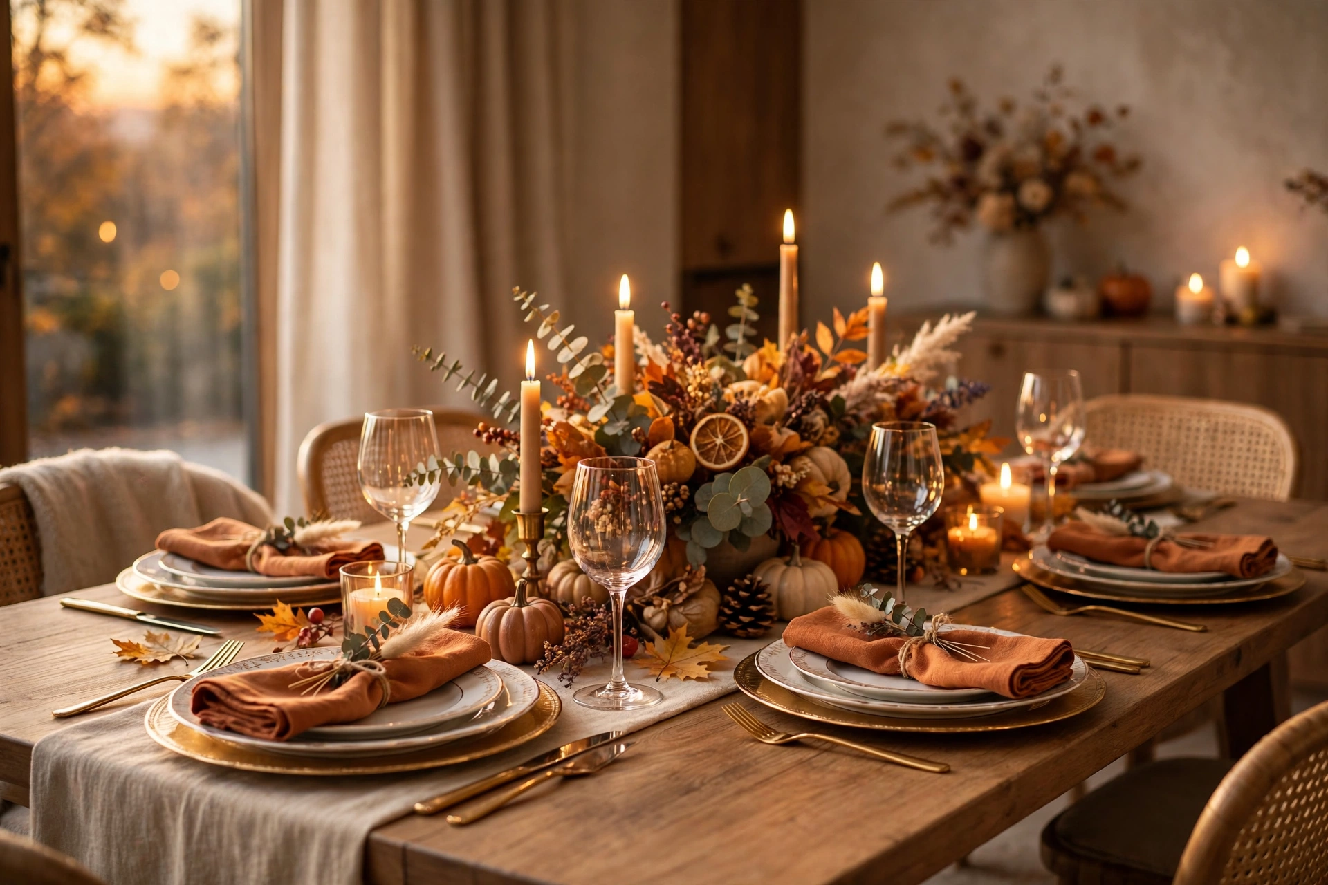 Set Thanksgiving dining table with autumn decorations Beautifully set Thanksgiving dining table with autumn centerpiece and candles