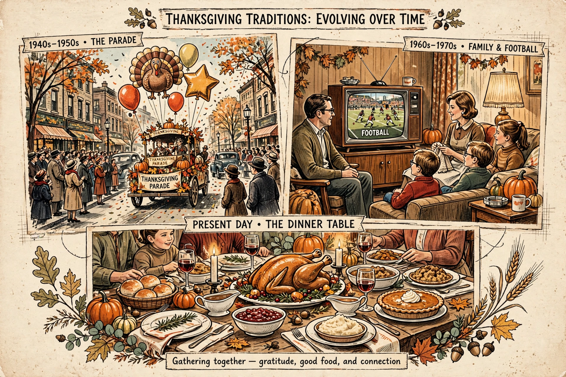 How Thanksgiving traditions changed over time Collage of Thanksgiving traditions over time: parade, football and family dinner