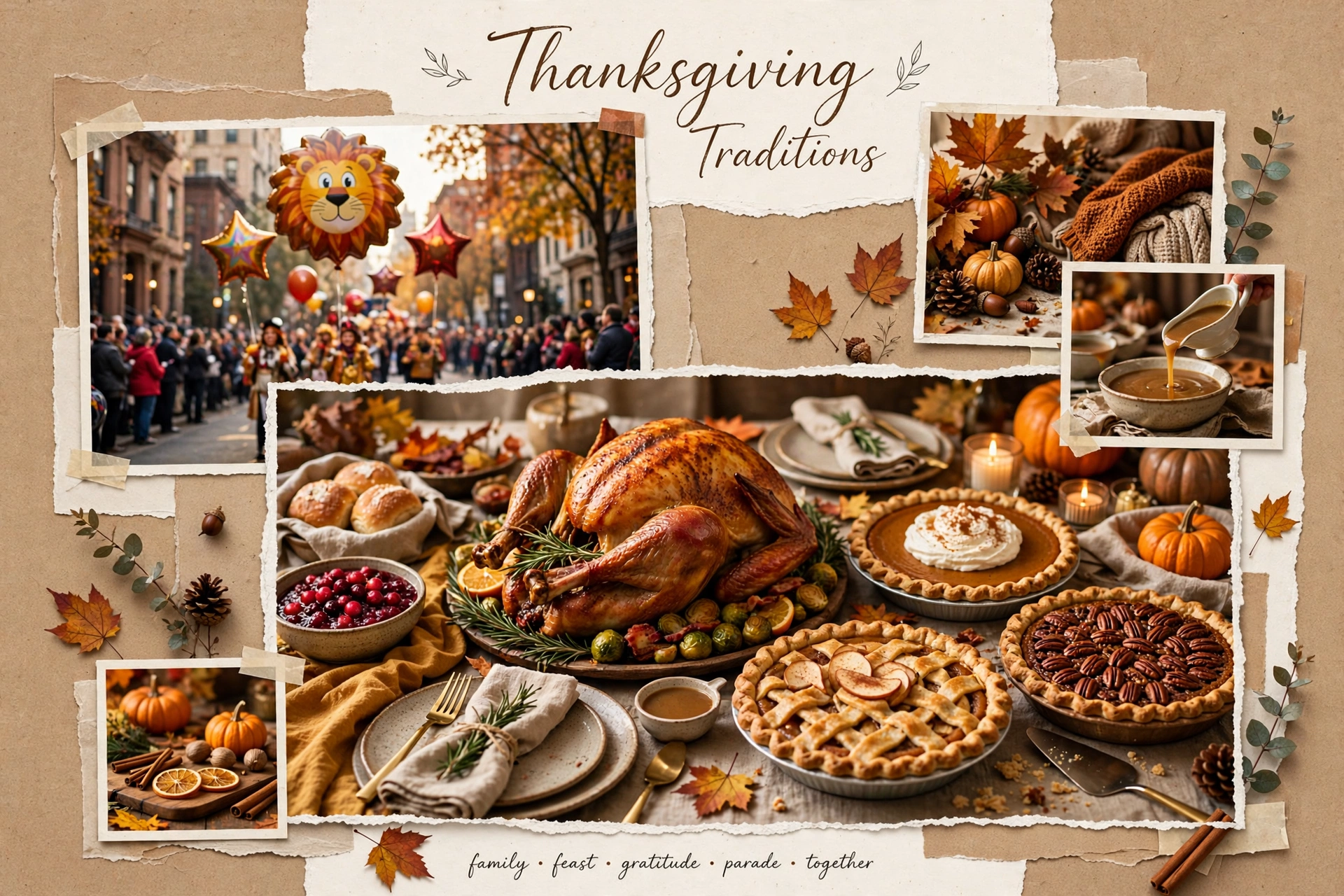 Thanksgiving traditions including festive dinner table and parade celebration